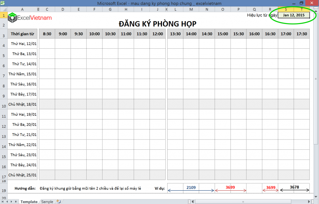 Quản lý đăng ký phòng họp chung - Hàm Excel Quản Lý Đăng Ký Phòng Họp Chung - Hàm Excel